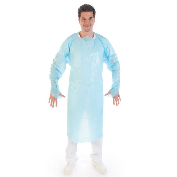 Schutzkittel CPE mit Daumenloch blau   50 my L.115cm  B:100cm