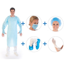 Schutzset MRSA I Hygostar PE-Kittel,Mundschutz Haube, Überschuhe,