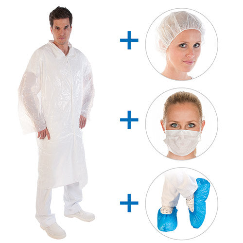 Besucherset aus PE 1 Besucherkittel 1 Baretthaube 1 Mundschutz