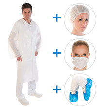 Besucherset aus PE 1 Besucherkittel 1 Baretthaube 1 Mundschutz
