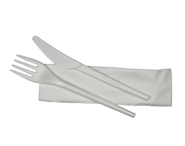 Besteckset CPLA 3-teilig, weiss Serviette (1-lagig, 33x33) Gabel,