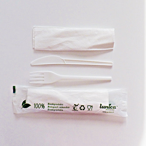 Besteckset CPLA 3-teilig, weiss Serviette (1-lagig, 33x33) Gabel,