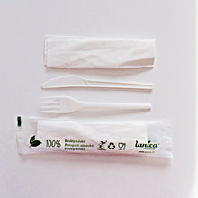 Besteckset CPLA 3-teilig, weiss Serviette (1-lagig, 33x33) Gabel,