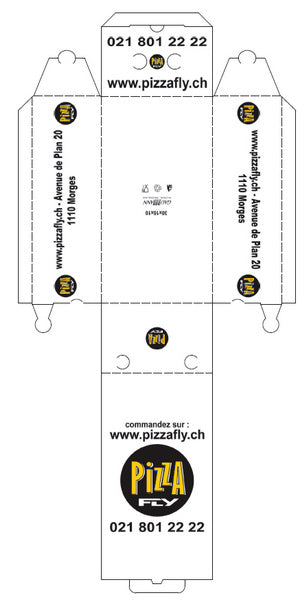 Pizzakarton Modell Calzone "Pizza Fly, Morges" weiss, 30x16x10 cm