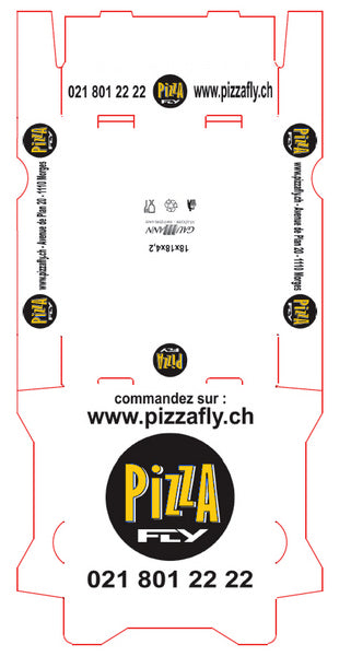 Pizzakarton Italia Francia Alu besch. "Pizza Fly, Morges" weiss,
