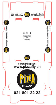 Pizzakarton Italia Francia Alu besch. "Pizza Fly, Morges" weiss,