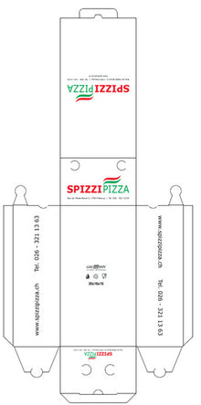 Pizzakarton Modell Calzone "Spizzi Pizza" weiss, 30x16x10 cm