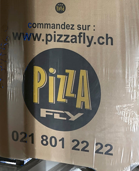 Pizzakarton Modell Francia Kraft "Pizza Fly, Morges" braun, 40x40