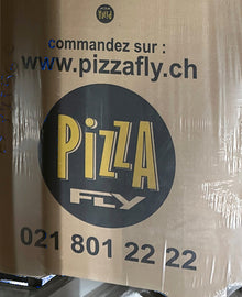 Pizzakarton Modell Francia Kraft "Pizza Fly, Morges" braun, 40x40