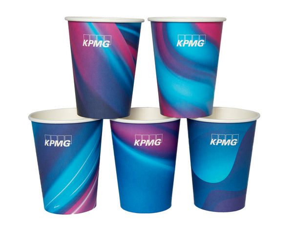 Kartonbecher 3,6 dl (12oz) mit PE-Besch. weiss, bedr. "KPMG" Ø 90