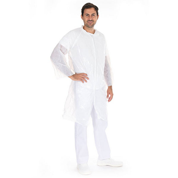 Besucherkittel PE mit Druckknöpfen weiss, 20 my 120 cm Länge
